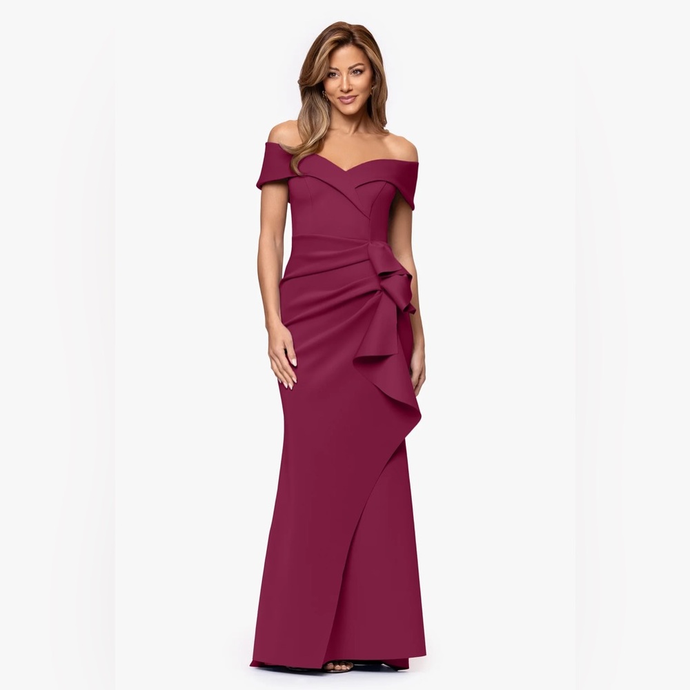 Xscape Off-Shoulder Ruffle Maxi Dress in Berry